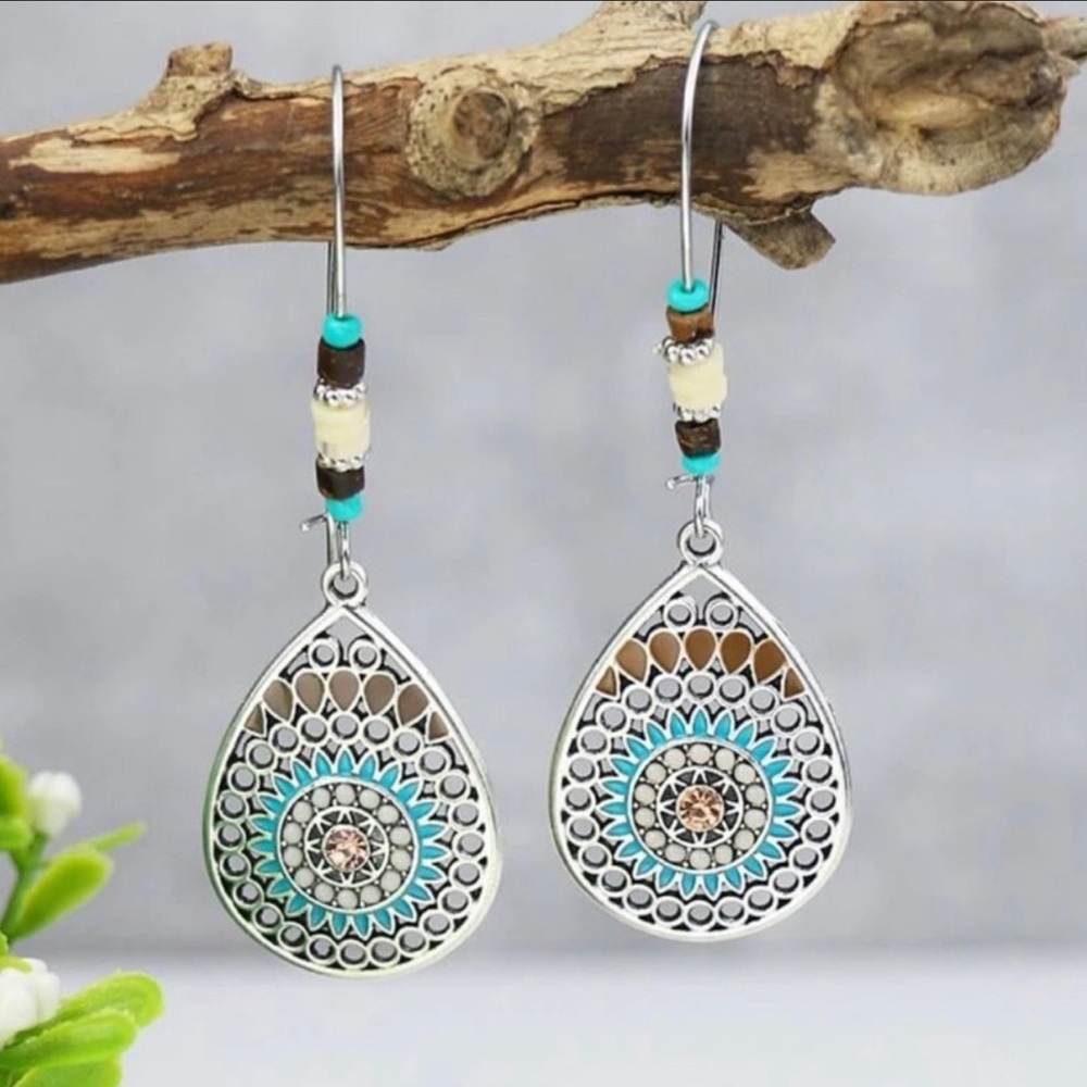 Boho Beaded Turquoise Drop Hoop Earrings